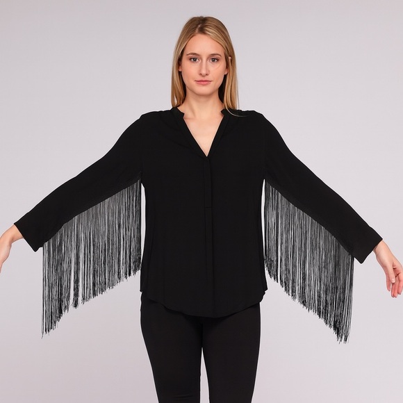 Zara Black Fringed Sleeve Blouse Tunic Dress Large - Picture 2 of 12